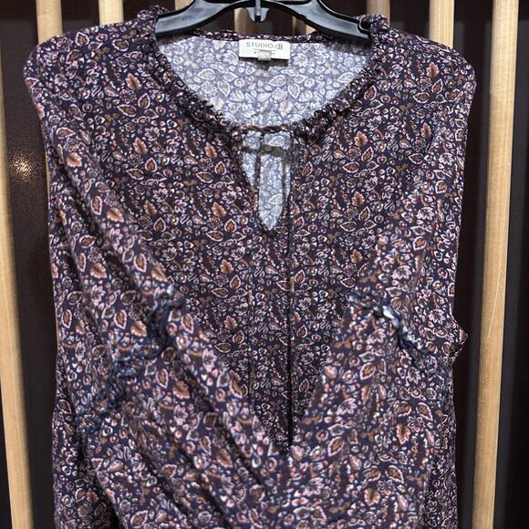 Studio B by Bobeau Shirt Plus 1X Blue Brown Pink Floral Boho Peasant Tunic Top - Picture 2 of 8